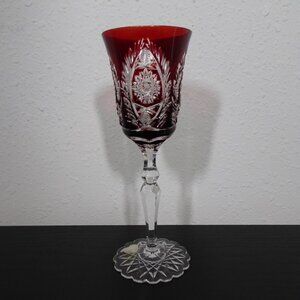 Ruby Red Cut to Clear Crystal Wine Water Goblet European 8.5" Tall Fancy Foot